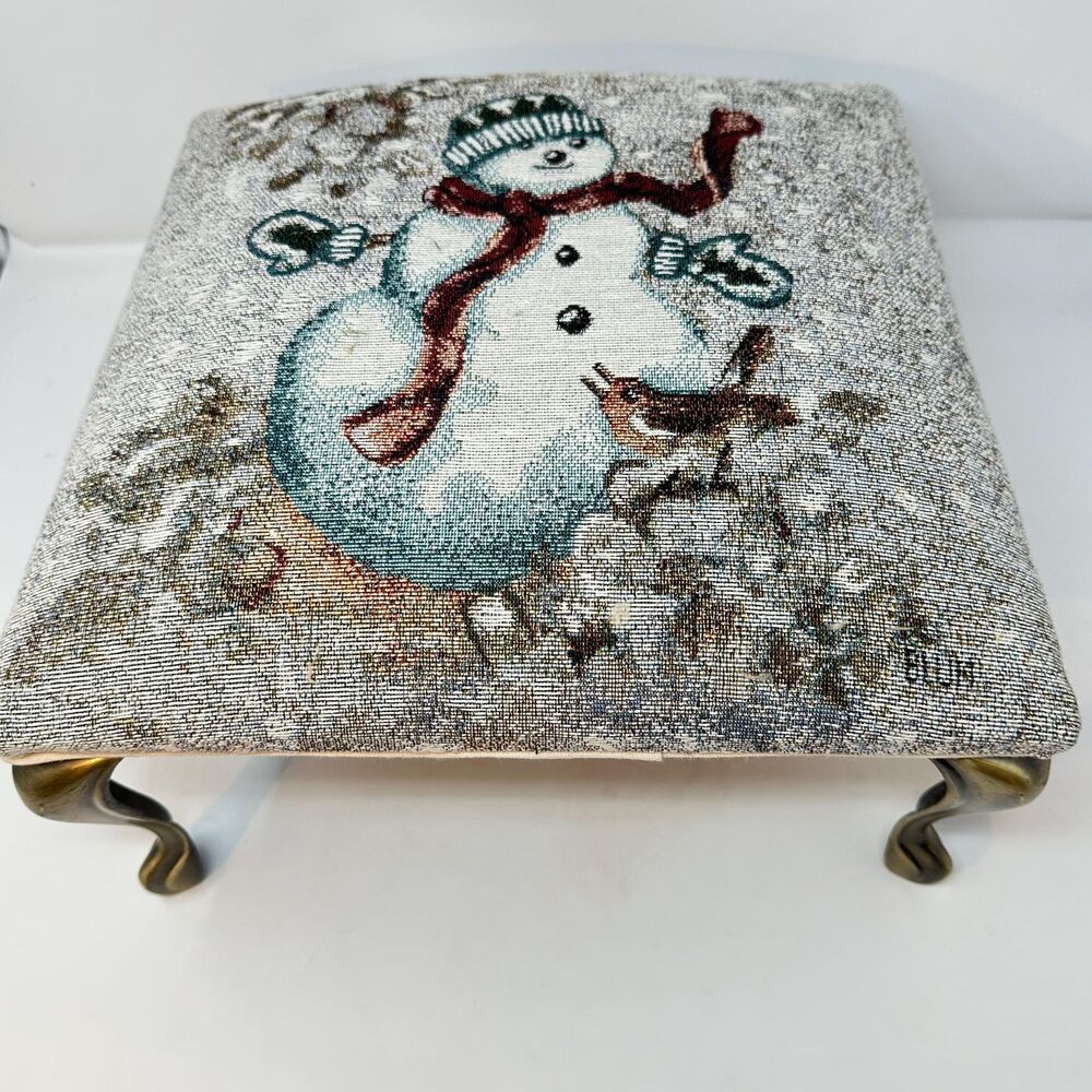 Vintage Winter Snowman Foot Stool Decorative Tapestry Metal Legs Blum Artist